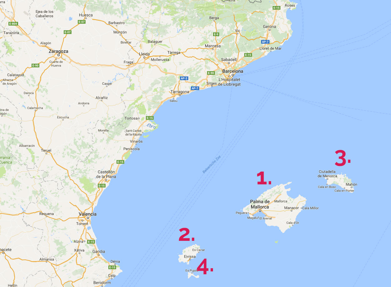Kaart van de Balearen met Mallorca, Ibiza, Menorca en Formentera